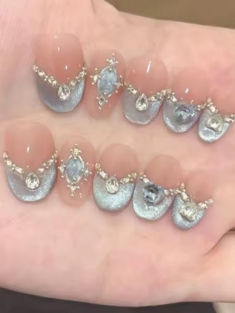 Rhinestone Accent Press-On Nails in Soft Blue